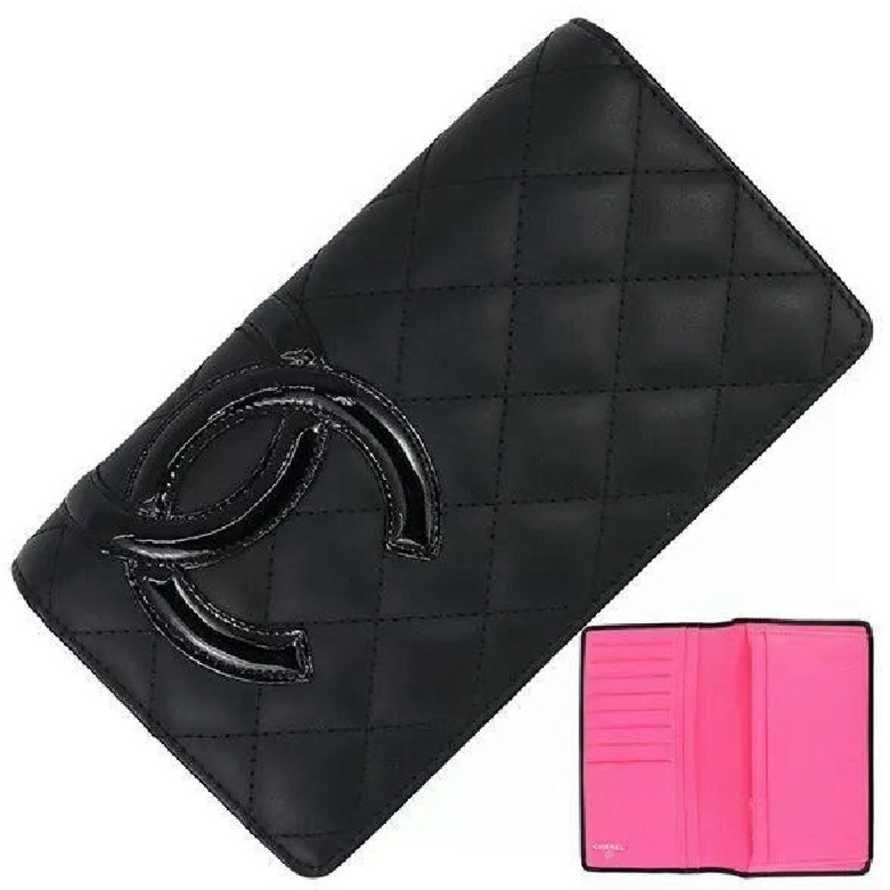 Chanel Black Pink Leather Bifold Wallet CC Logo